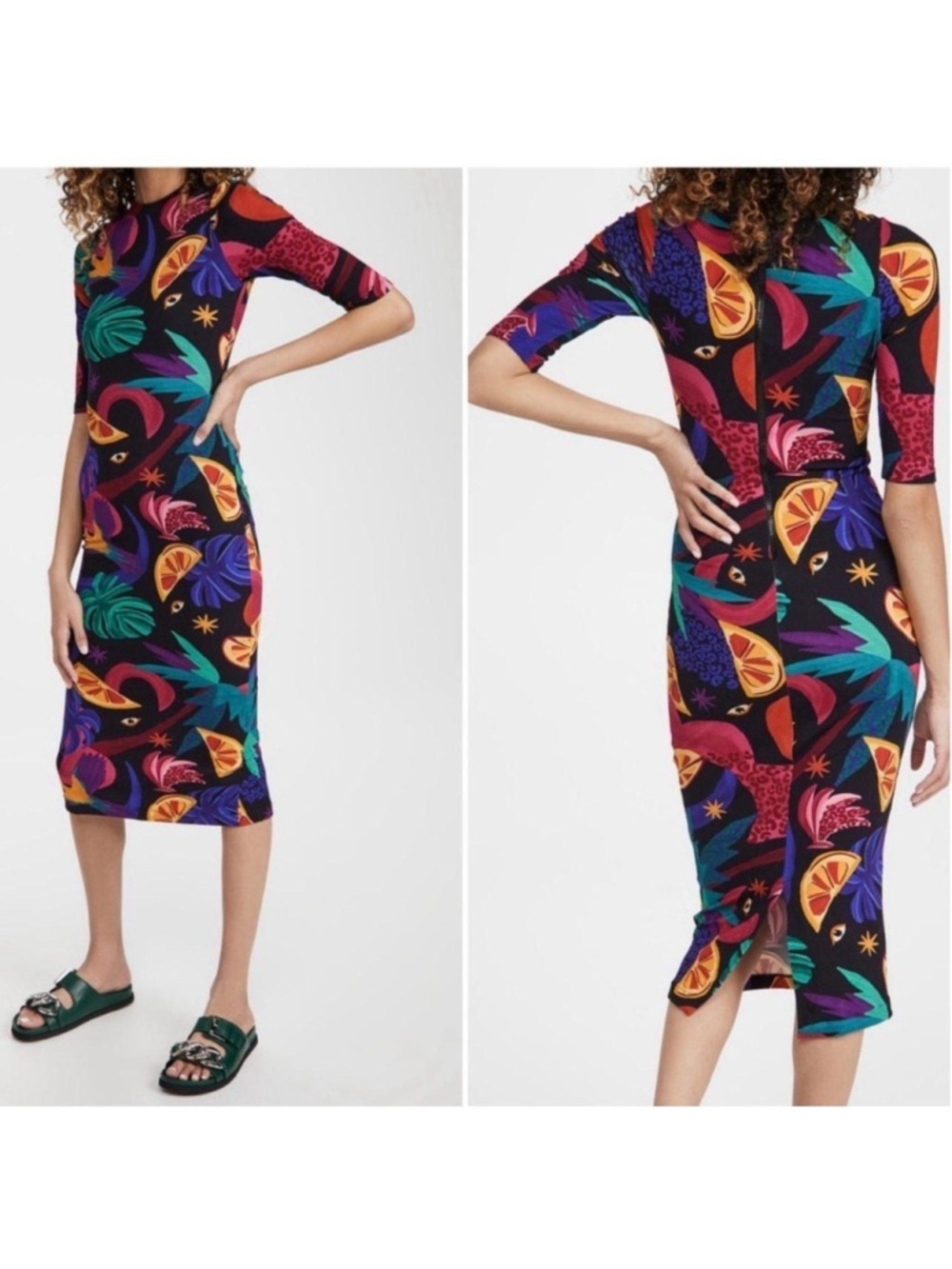 Women's Farm Rio Mystic Jungle Midi Knit Dress S Black Multi-color